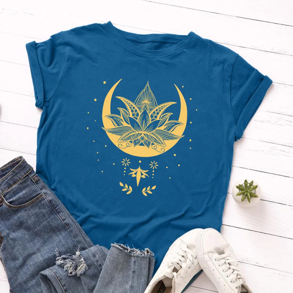 

Женская футболка с коротким рукавом и принтом лотоса, разноцветная Повседневная футболка в стиле Харадзюку, лето 2021