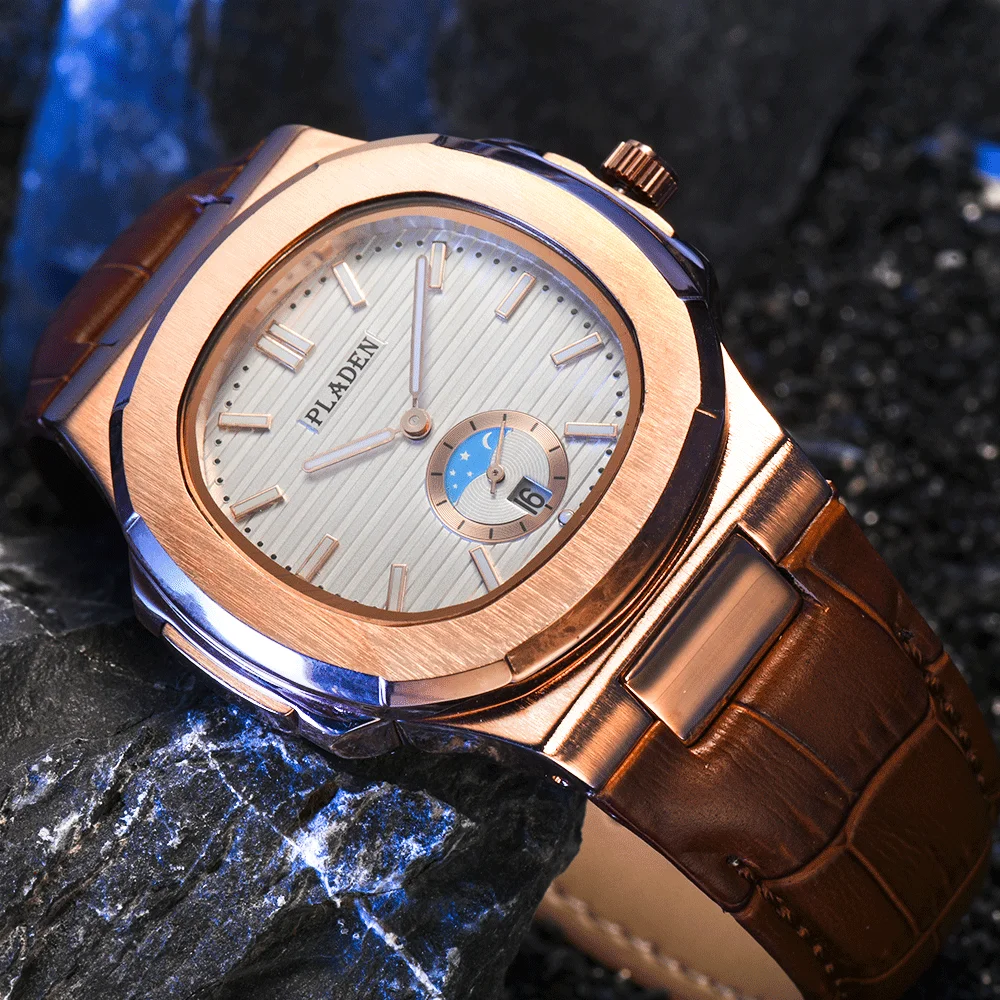 

PLADEN Men Watch Rose Gold Luminous Calendar Lunar Phase Popular Leather Quartz Wristwatches Classic Unique Modern Montre Homme