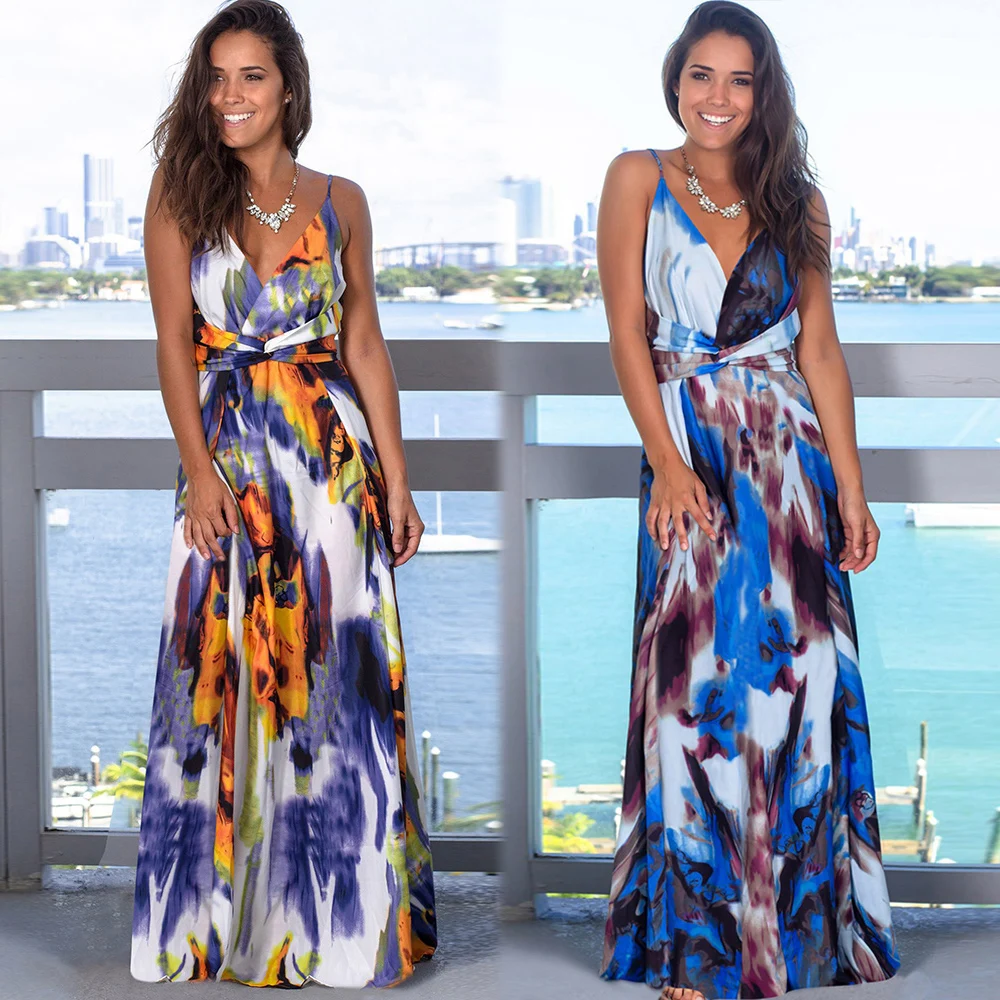 

Casual summer beach dress boho sexy sundress deep v neck backless maxi dresses strap bohemian high waist floral jurk summer robe
