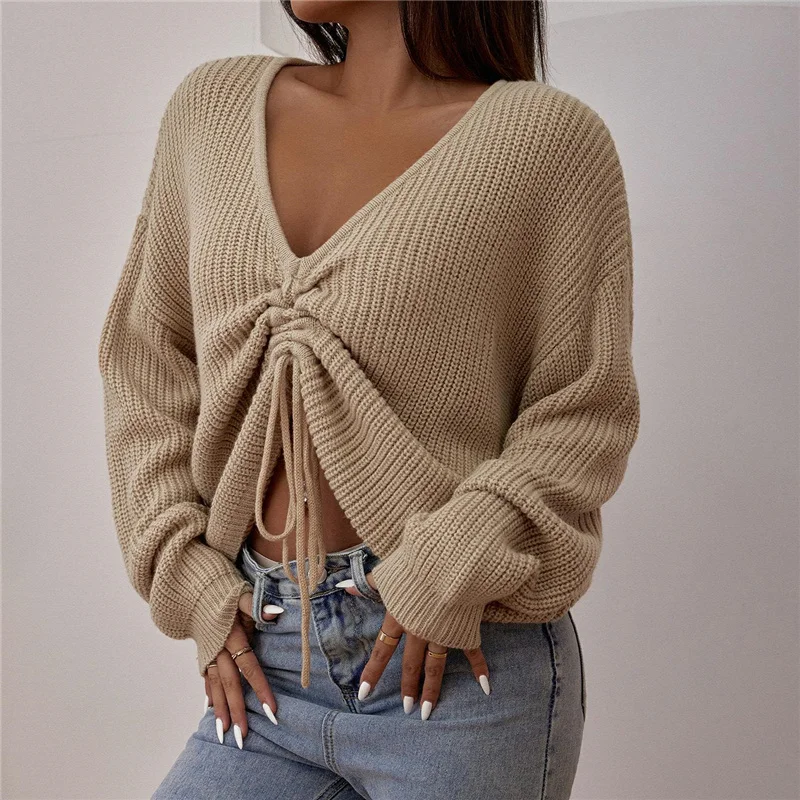 

Drawstring Front Knit Sweaters Autumn Winter Casual V-Neck Loose Jumpers Elegant Fashion Women Batwing Sleeve Pullovers
