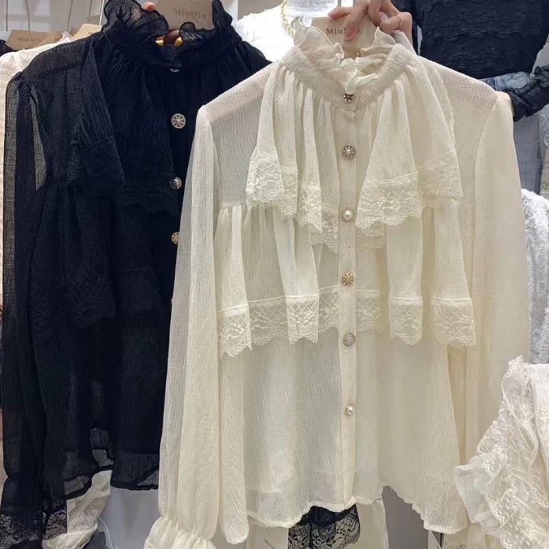 

Fashion Casual Lace Button Shirt Tops Women Stand Collar Ruffles Solid Chiffon Blouse Woman Long Sleeve Blouses Spring New 12947