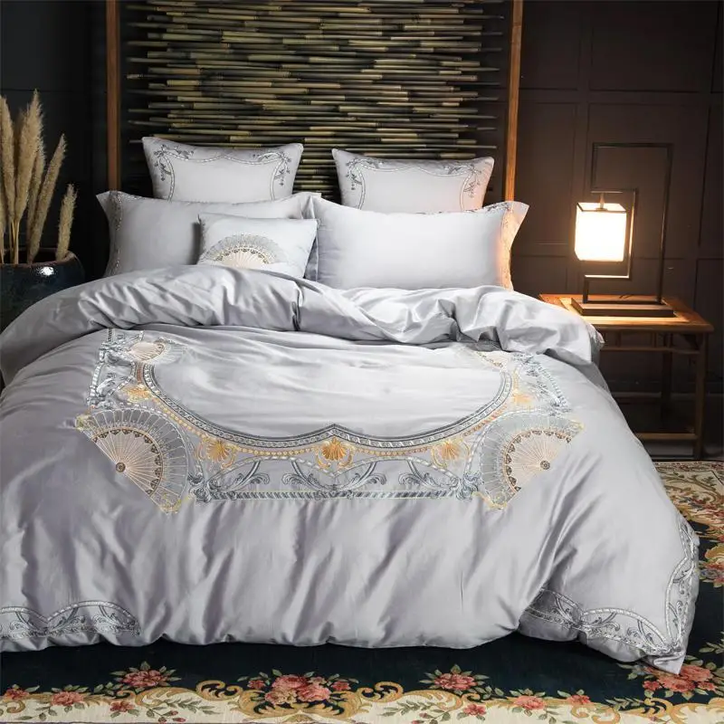 

4/7Pcs King/Queen Size Luxury Bedding Sets Blue Silver Egyptian Cotton Embroidery bed set Bed sheet Duvet Cover set Pillowcases