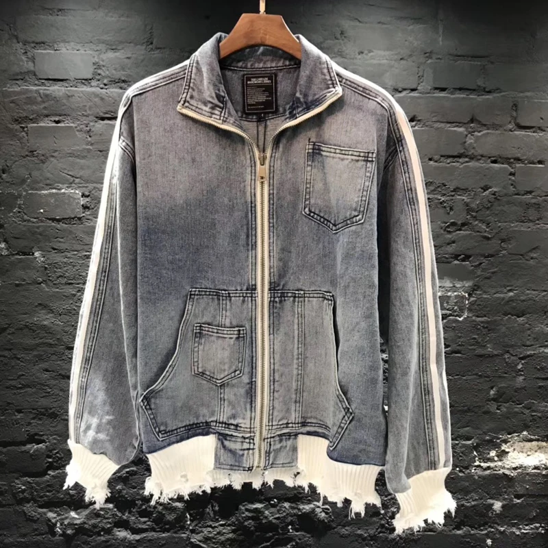 Мужские джинсовые куртки в стиле хип хоп потертые полоску уличная одежда ретро