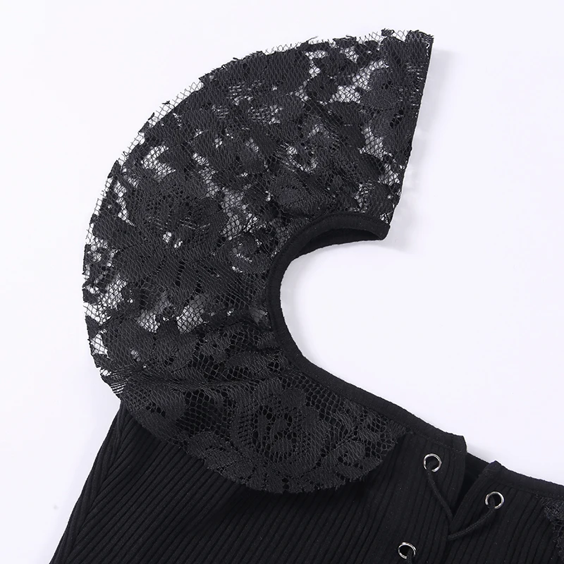 Женские кружевные топы Goth Dark черные с вырезом лодочкой и коротким рукавом