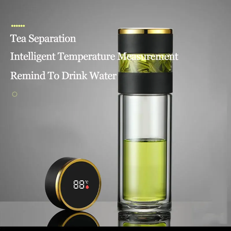 

New Hot Sale Tea Water Separation Bottle with LED Temperature Display Double-layer High Borosilicate Glass Mug 350ml