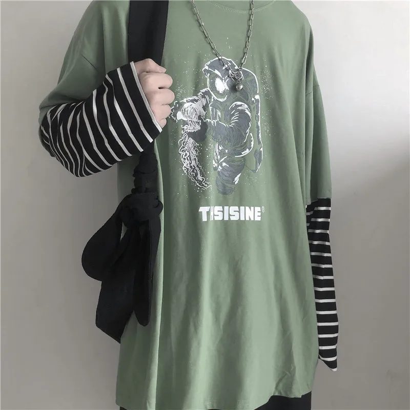 Lychee Girls Astronaut Women T Shirt Top Tee Stripe Fake 2 Pieces Women T-shirts Top Tees Patchwork Crew Neck Women T Shirts