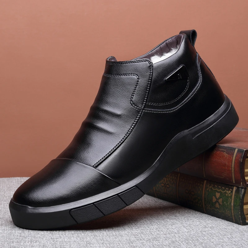 pure leather Зимние ботинки из спилка мужские повседневные Нескользящие ботинки на овечьем меху износостойкая теплая обувь с высоким берцем в британском стиле M6001 - Цвет: pure leather