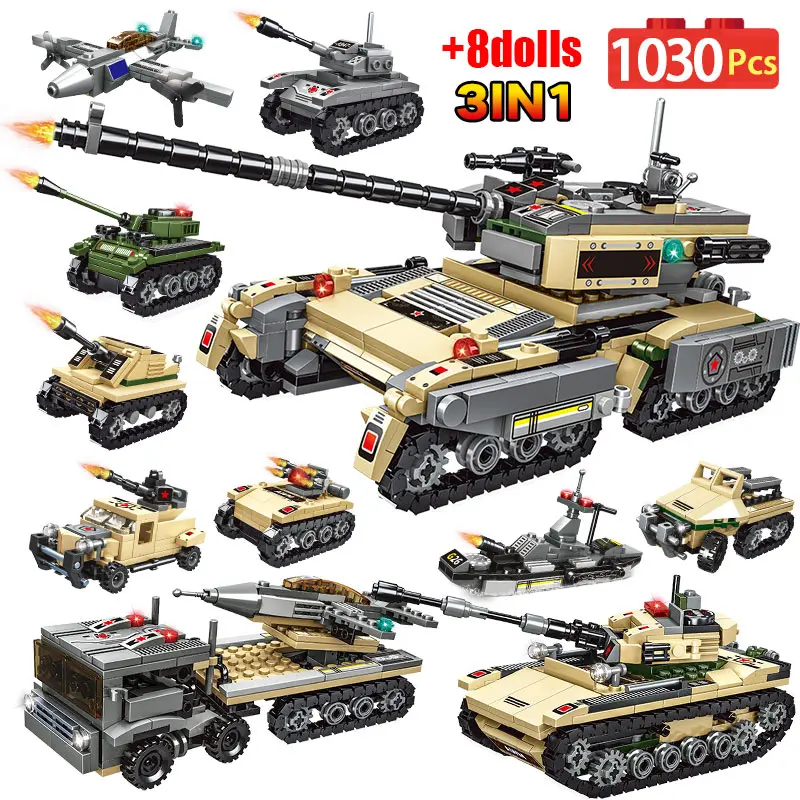 

1030pcs City Military Weapon 3 in 1 Tank Model Building Blocks WW2 Fighter Car MOC Soldier Figures Bricks Toys For Boys Gifts