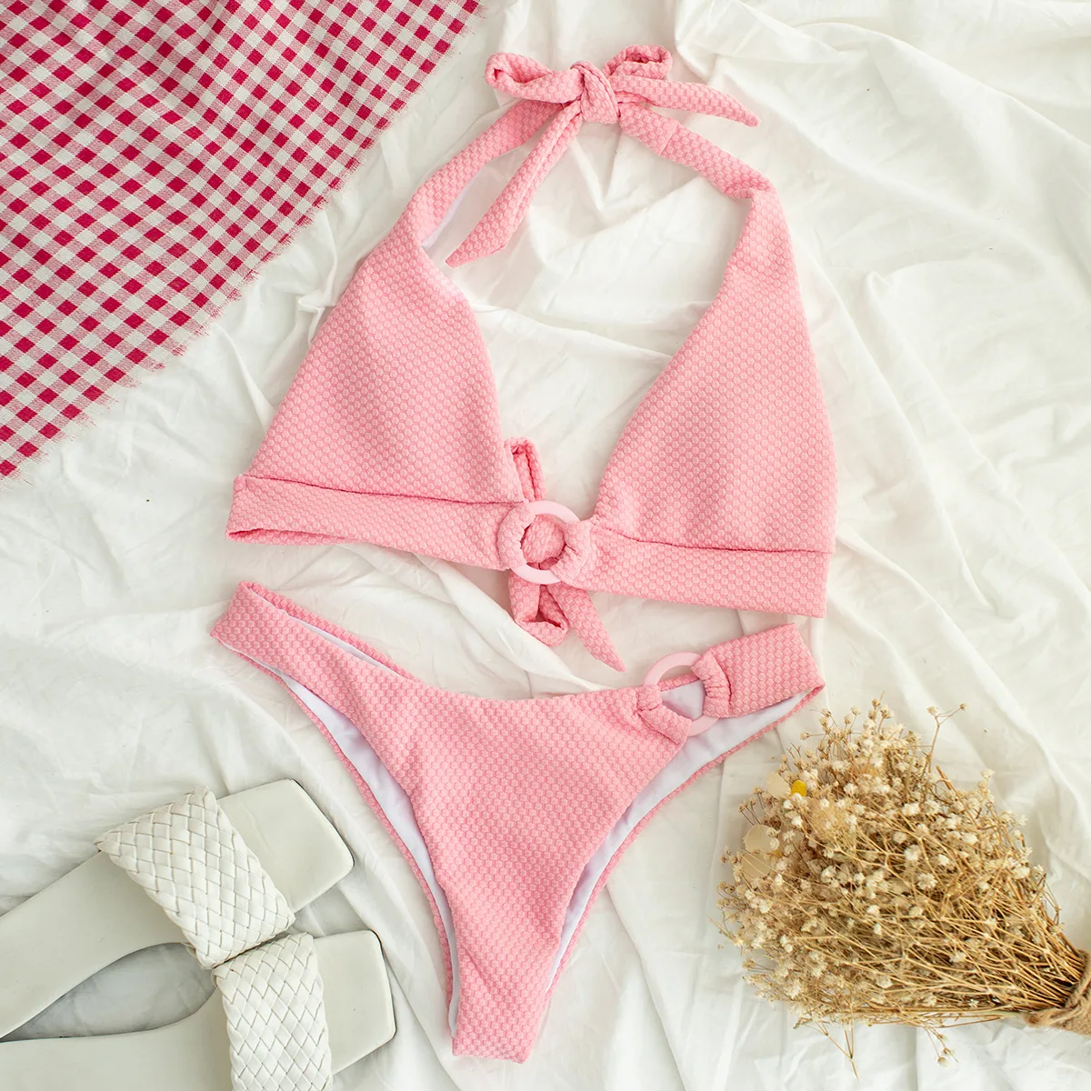 

2021 New High Waist Bikinis Pink Swimsuit Women Push Up Swimwears Hollow Out Bathing Suits Halter Biquini Two Piece Beachwear