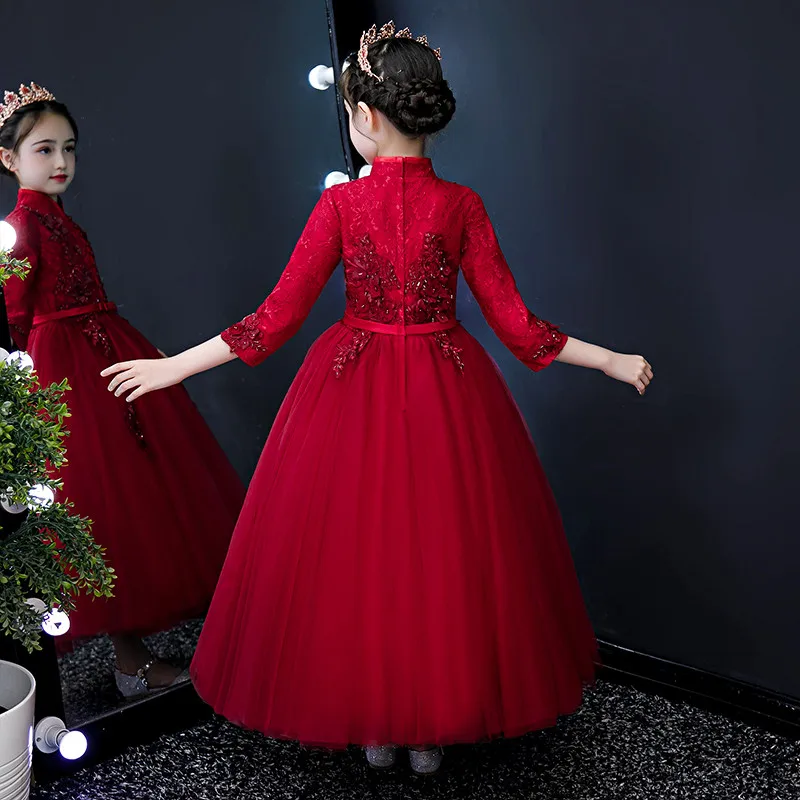 

3~14T Children Little Girls Elegant Lace Wedding Party Birthday Ceremony Princess Dress Kids Teens Piano Costumes Host Dresses