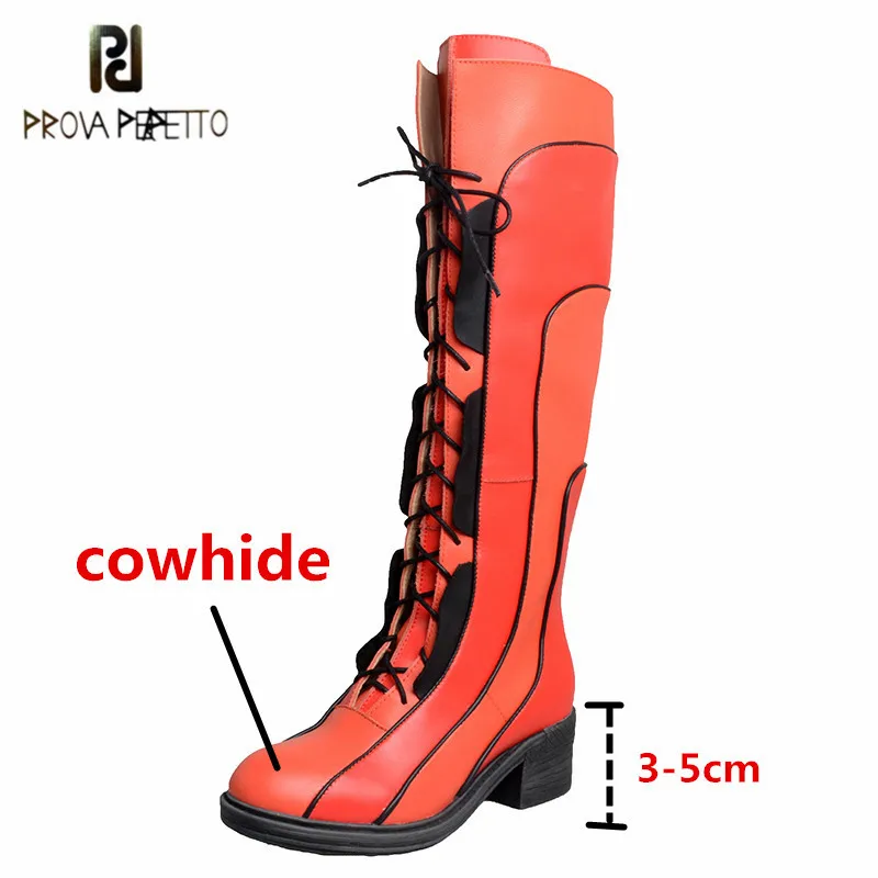 

Prova Perfetto 2021 Mature Genuine Leather Women's Thigh High Boots Mixed Colors Round Toe Crude Heel Zipper-Sid Wearproof Boots