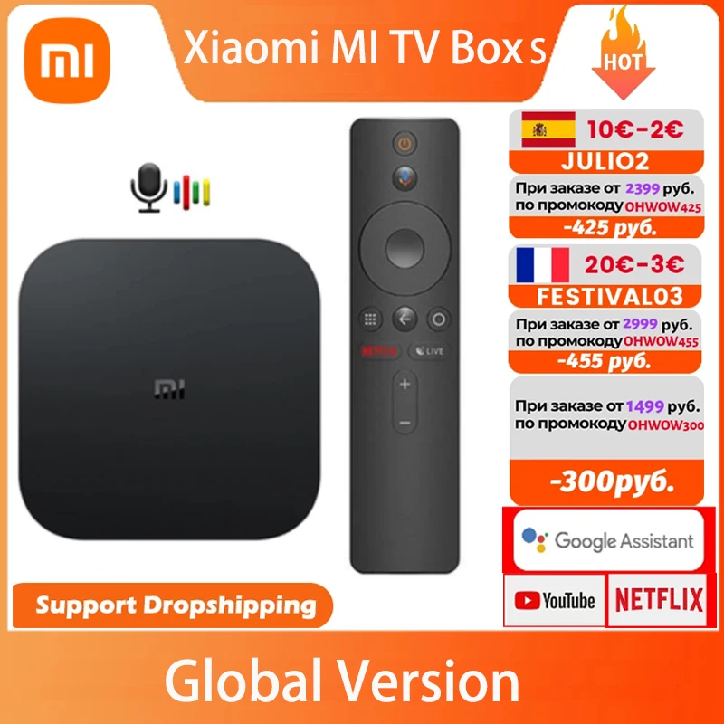 

ТВ-приставка Xiaomi Mi TV Box S 4K Ultra HD Android TV 9,0 HDR 2 ГБ 8 ГБ WiFi Google Cast Netflix Smart TV Mi Box 4 медиаплеер