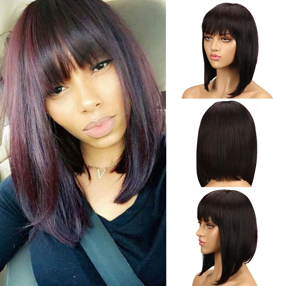 Styleicon Brazilian Straight Wig With Bangs Remy Machine Made Human Hair Wigs Pixie Cut Wig For Black Women