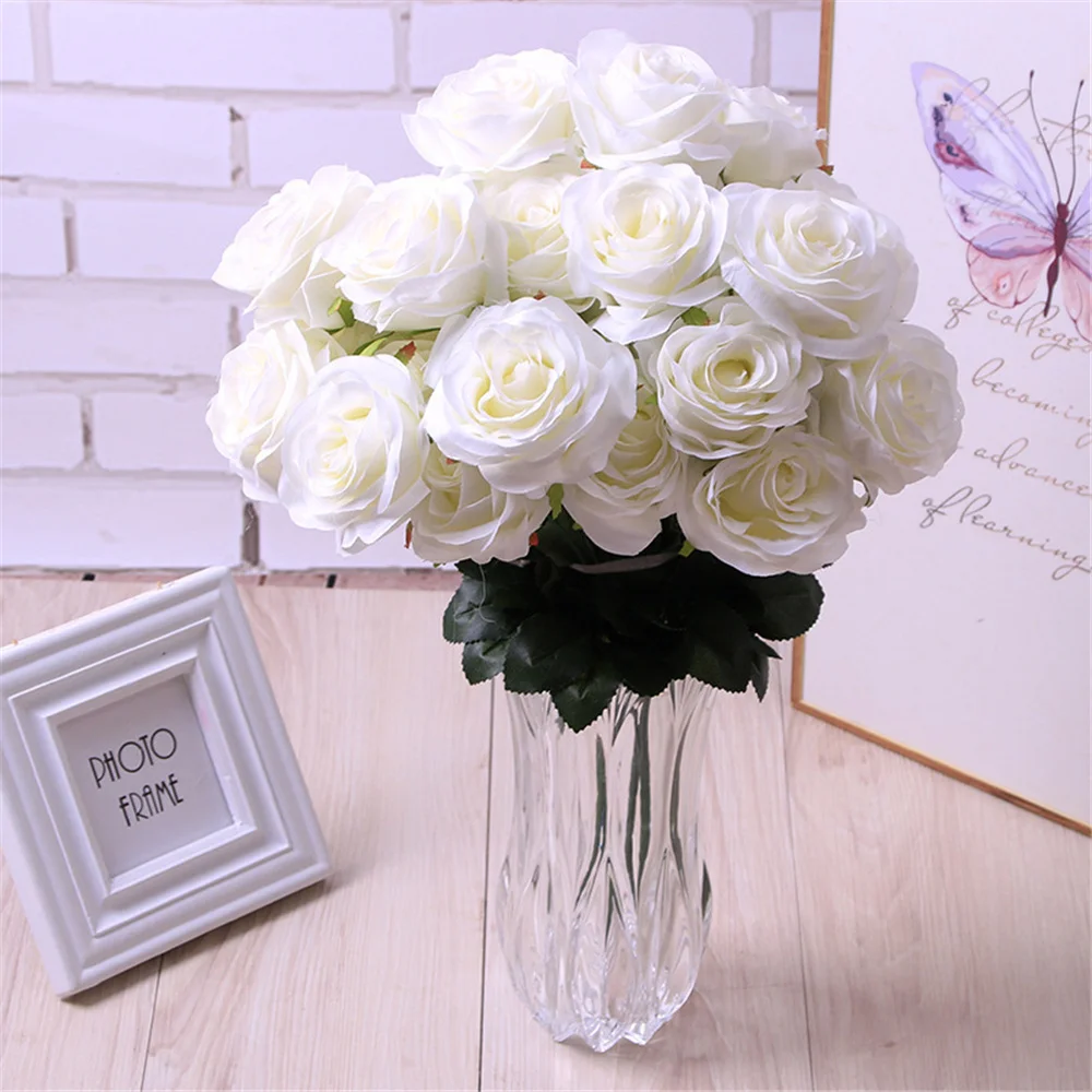 

10 Heads Silk Rose Artificial Flowers Bunch In Vase Bouquet Wedding Home Party Decoration Festival Party Supplies