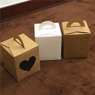 9.5*9.5*11cm Kraft Paper Cake Box with heart Window Kraft Handle Paper Box Party Supplies Box Wedding Birthday Party 100pcs/lot