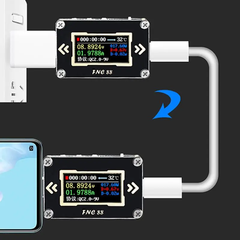 

FNC88 Type-C Voltmeter USB-C Ammeter 2 Way Current Voltage Meter PD Charger Battery Tester Electrical Measuring Tool Aug.