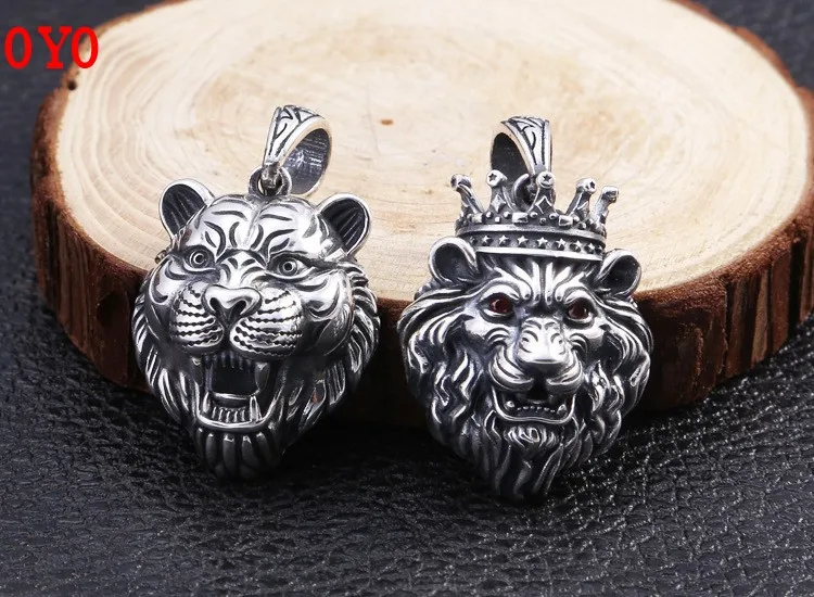 100% S925 Sterling Silver Men's Domineering Lion Head Forest Crown Pendant Thai Silver Retro