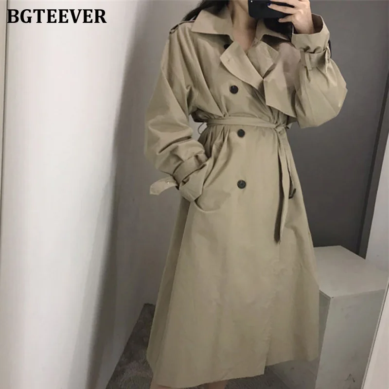 BGTEEVER офисный женский двубортный Тренч женские модные длинные свободные пальто с