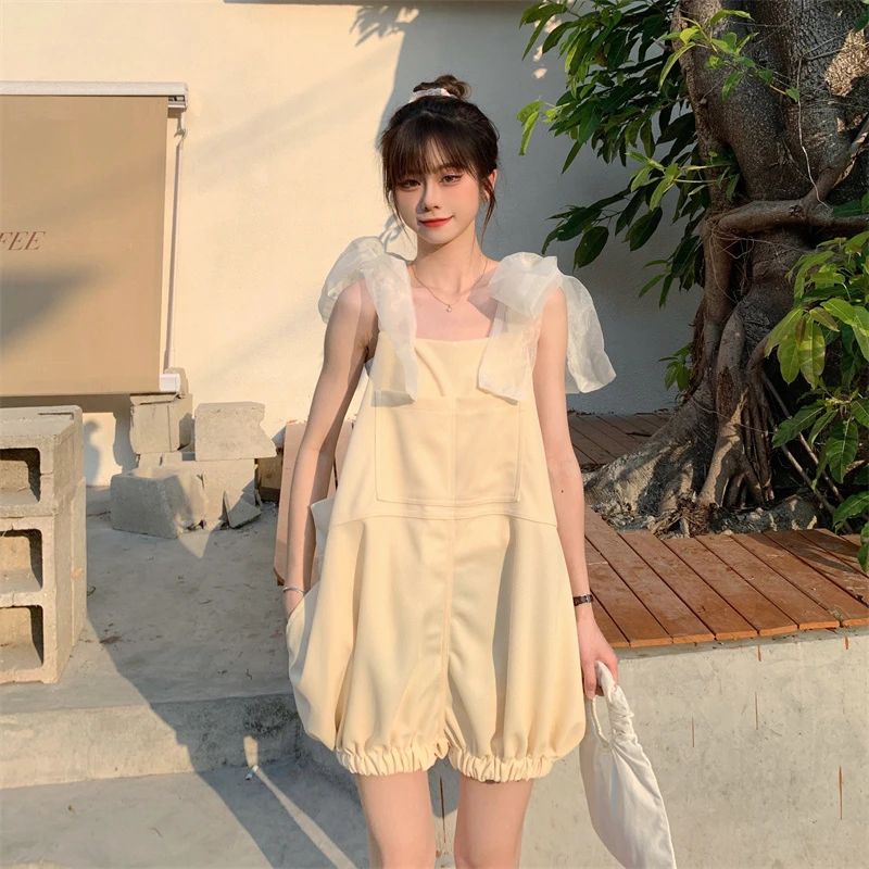 

Korean Summer New Casual Playsuits Kawaii Lace Bandage Bow Sleeveless Loose Short High Waist Loose Feminine Lantern Overalls
