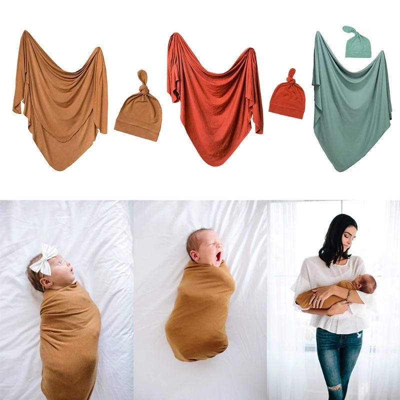 

2 Pcs Baby Receiving Blanket Hat Set Sleepsack Swaddle Wrap Tail Knotted Beanies Headwrap Kit for Newborn Infant