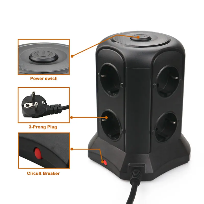 TESSAN Black Tower Power Strip Vertical overload protection with 6 AC Outlets 4 USB Ports 2M Extension Cord for Smartphone Mp3 |