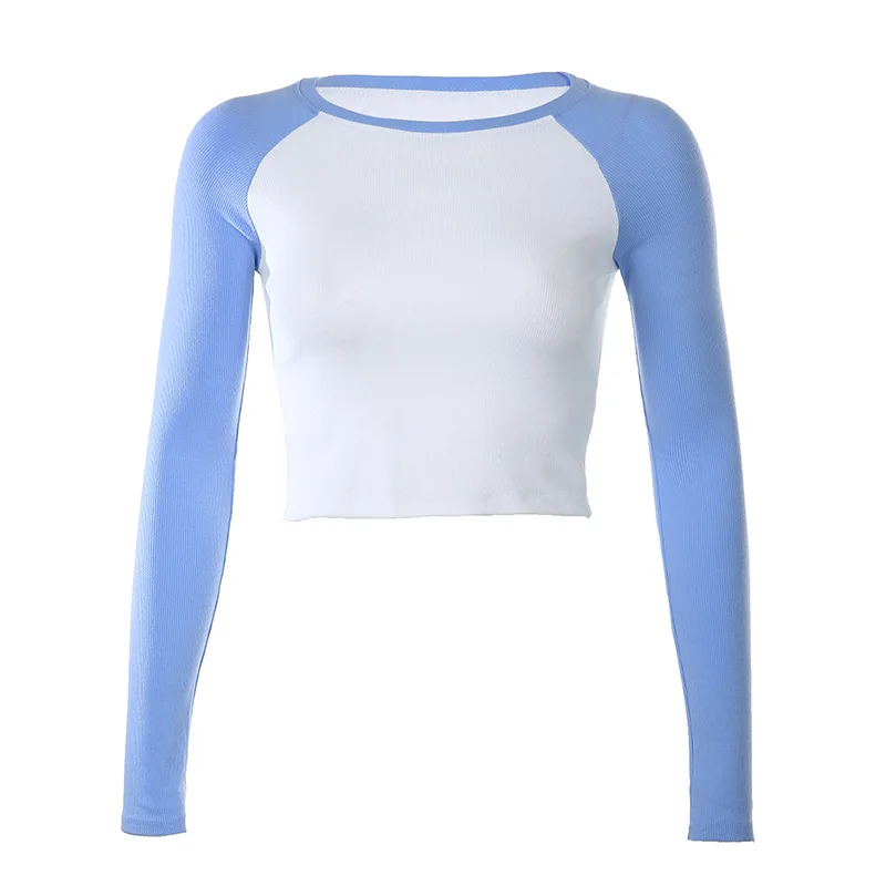 

Fall 2021 New Short Raglan Shoulder Hit Color Long-sleeved Round Neck T-shirt Women's Umbilical Slim Bottoming Top