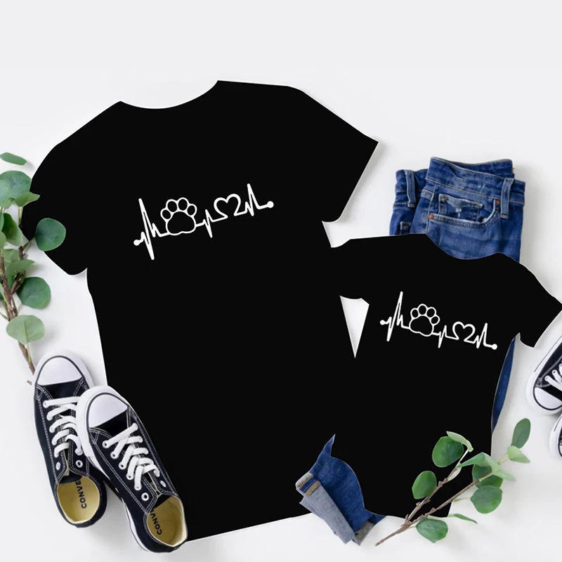 Conjunto familiar de algod&oacute;n con latido del coraz&oacute;n para madre, hija, hijo y ni&ntilde;o, camiseta a juego-4