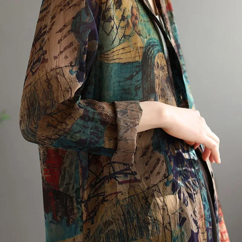 

Women Vintage Print Long Sleeve Shirts New 2021 Spring Arts Style Turn-down Collar Loose Female Cotton Linen Casual Tops S3645