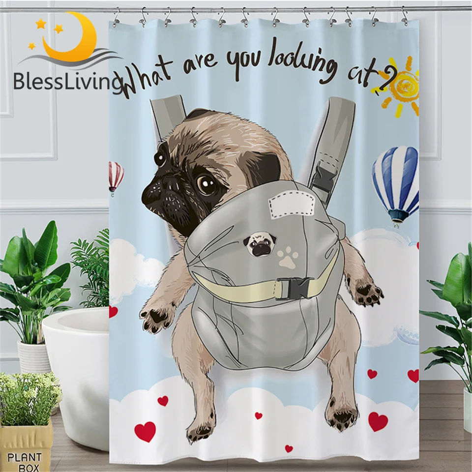 Штора для душа с рисунком мопса крючками | Дом и сад