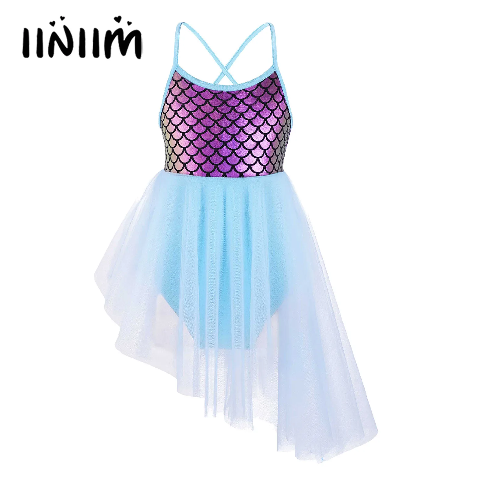 

Kids Girls Gymnastics Ballet Dance Cami Dress Cross Straps Fish Scales Print Dance Leotard with Irregular Cut Mesh Hem Dress