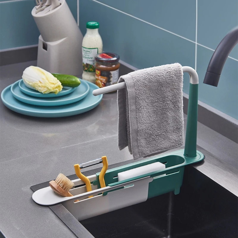 

Minimalist Telescopic Sink Storage Rack Holder 2-in-1 Adjustable Sink Organizer Sink Drain Basket Sponge Holder Hanger