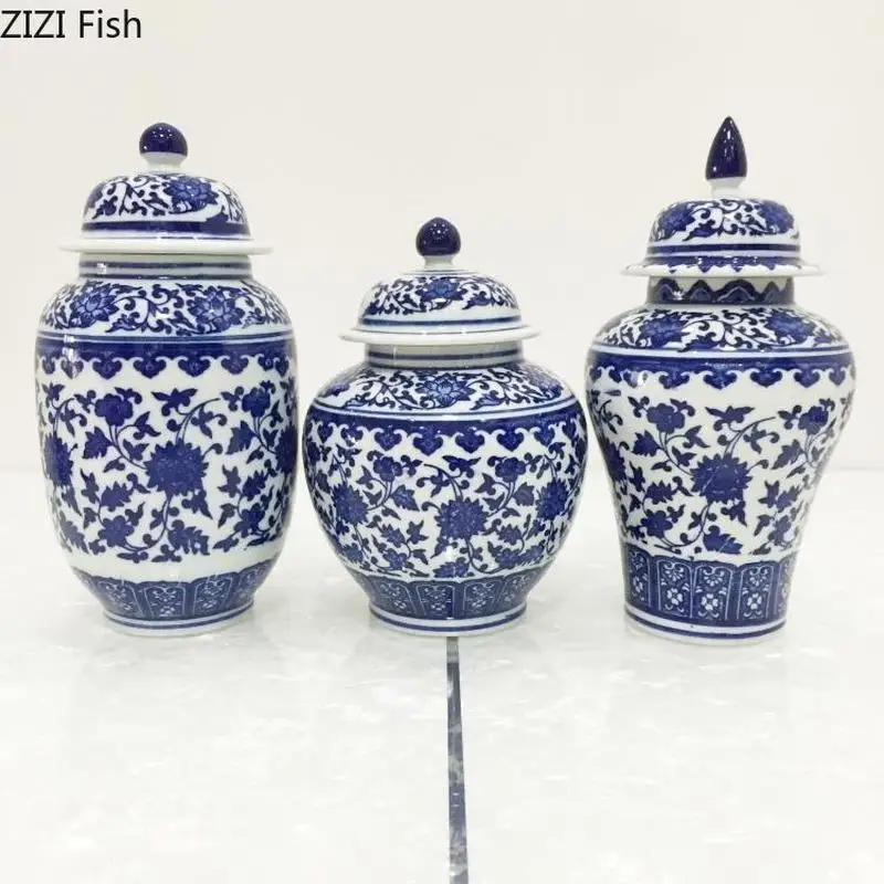 

New Ceramic Tea Pot Blue and White Porcelain Decoration of Tea Coffee Beans Sealed Storage Tank Classical Household Storage Tank