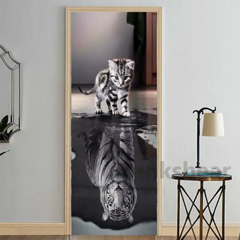 

3D Self Adhesive Wall Art Decal On Door New Sticker Cat Animal For Home Door Decor Renovation Wallpaper Print Picture Waterproof