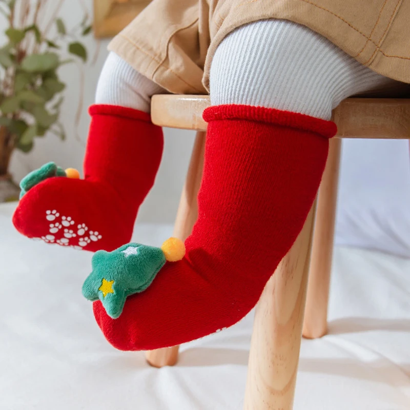 Рождественские теплые носки для маленьких мальчиков и девочек; Нескользящие носки с мягкой подошвой для новорожденных; Детские носки с рож...