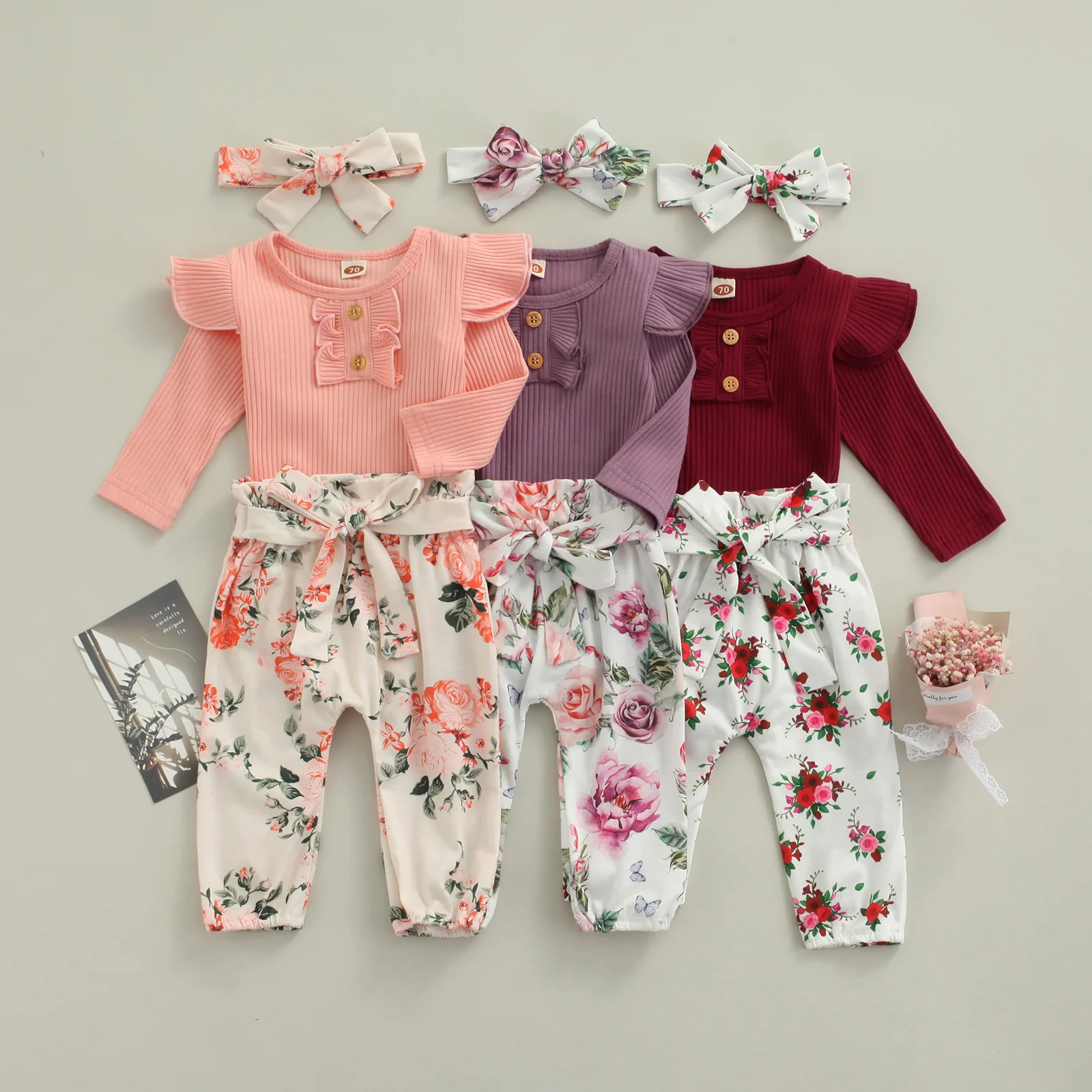 

Lioraitiin 0-24M Baby Girl 3 Pcs Newborn Casual Outfits Ribbed Fly Sleeve Round Neck Playsuit Flower Print Bow Trousers Headband