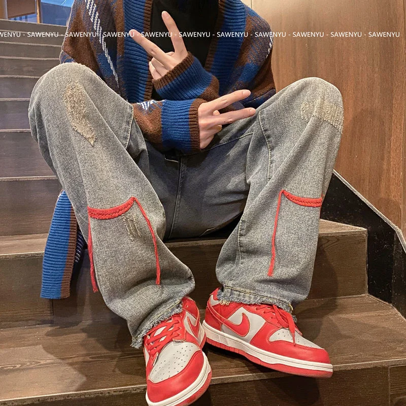 Blue Embroidered Jeans Men Fashion Retro Baggy Wide Leg Jeans Men Streetwear Loose Hip Hop Straight Denim Pants Mens Trousers