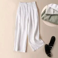 female summer cotton linen wide leg trousers large size straight casual women elastic waist loose high waist capri pants 7z