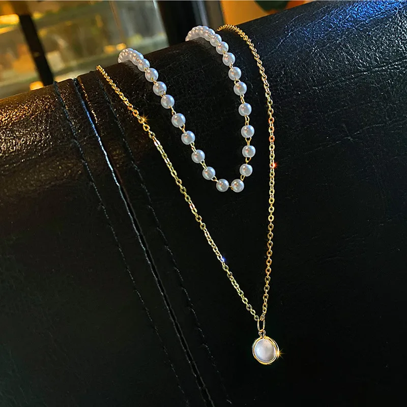 

2021 Summer New Style Alloy Pearl Choker Necklace For Women Double-Decker Fashion Jewellery Party Birthday Present Collier Femme