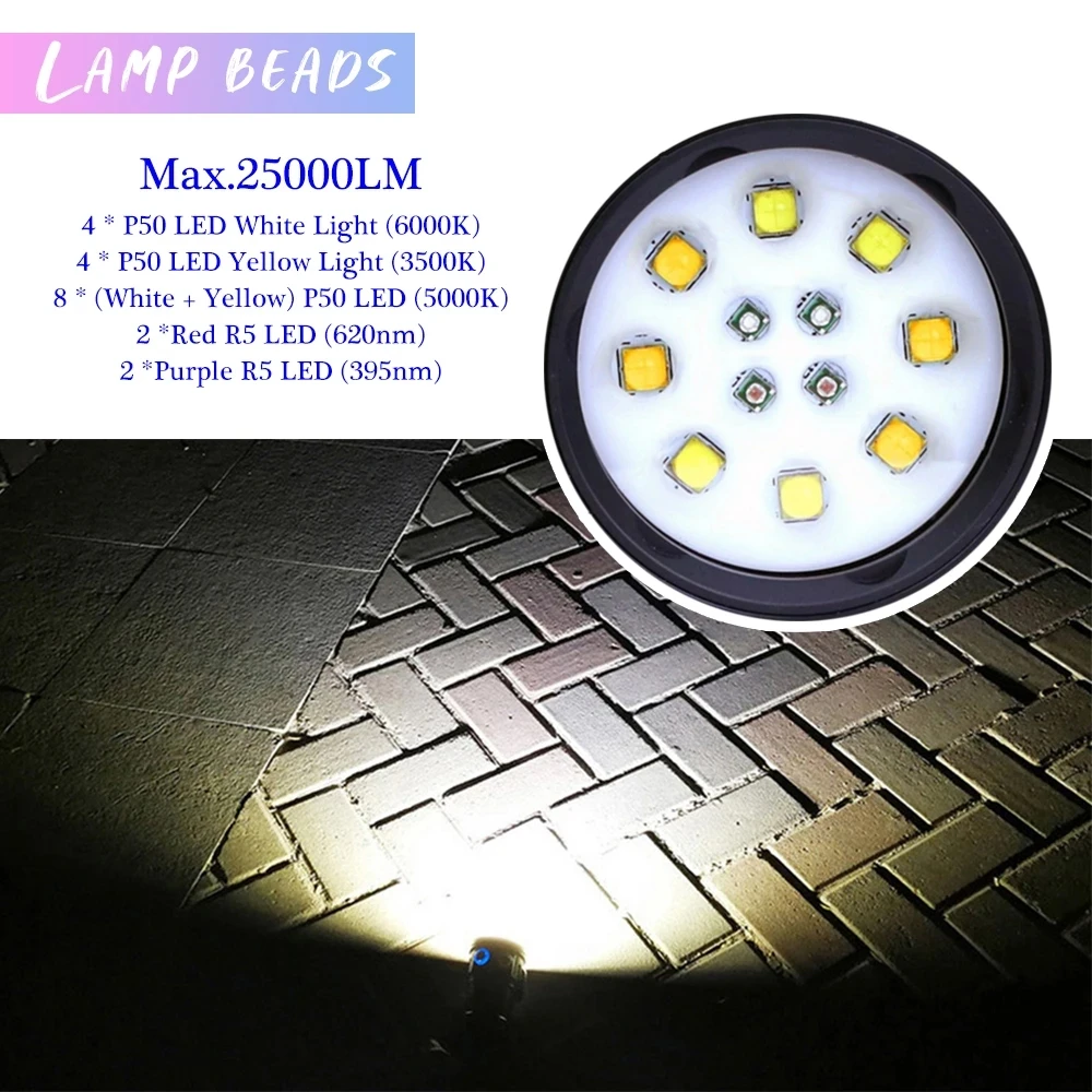 Günstig Super Hellsten Tauchen Taschenlampe 25000LM XHP50 LED Taschenlampe IPX8 Wasserdichte Unterwasser 100m Gebaut-in Batterie 9 Modi Dive