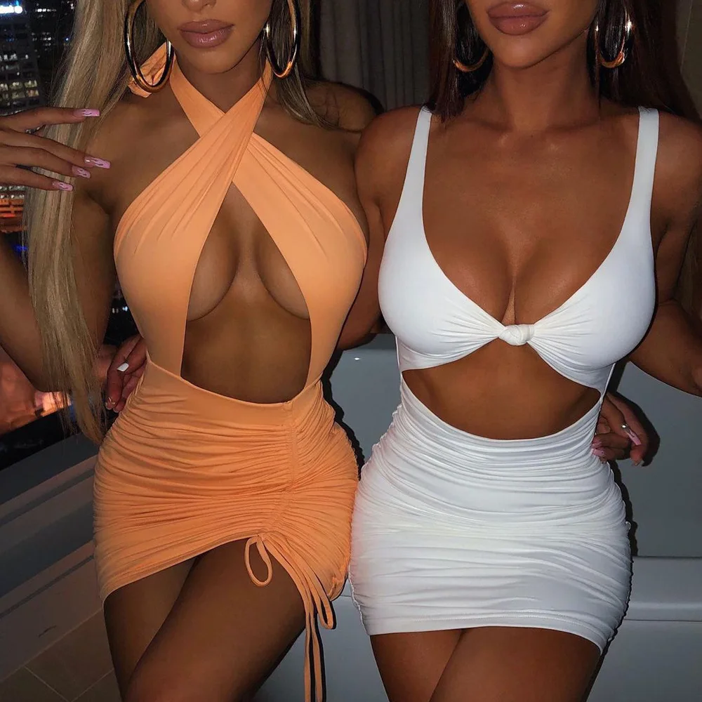 

Sexy Summer Women Dresses V Neck Solid White Knotted Backless Sleeveless Hollow Cut Out Bodycon Party Club Mini Dress Vestidos