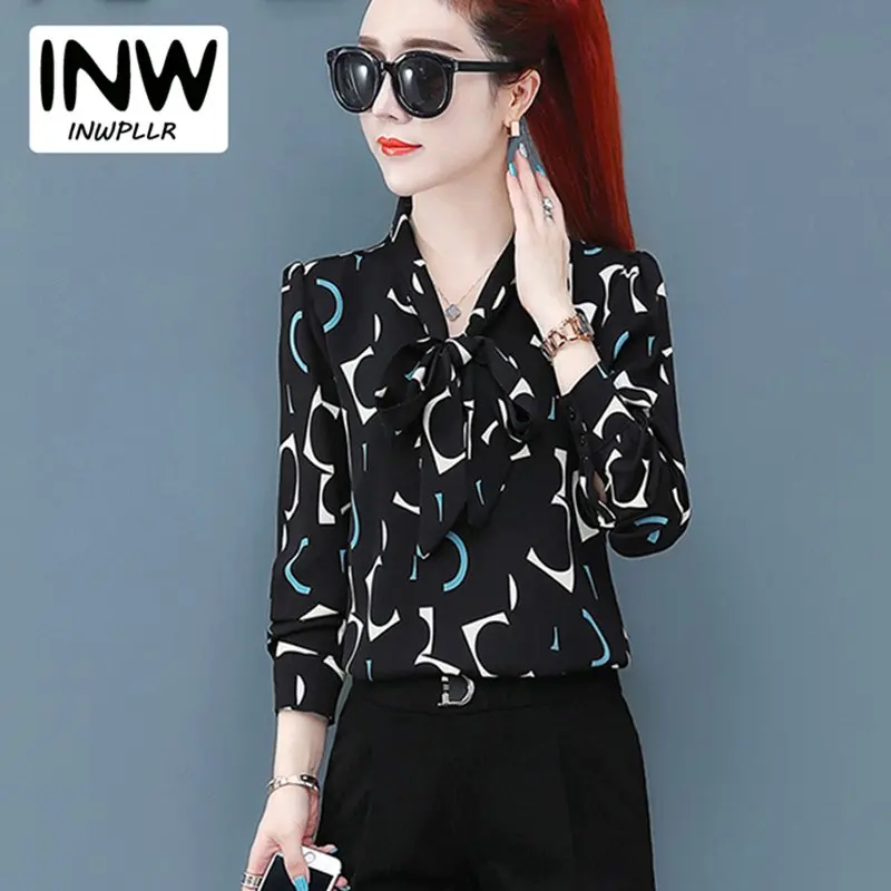 Женские рубашки INWPLLR шифоновые Блузы с принтом женские блузы бантом и длинным