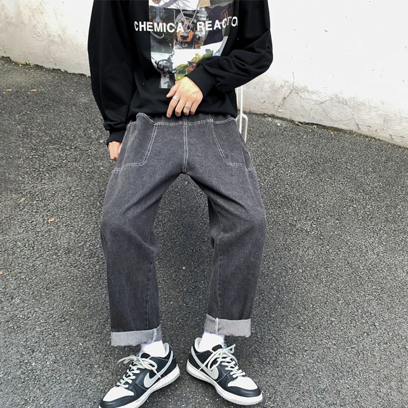 

Hzirip 2021 Four Seasons New Men's Blue Straight-Leg Jeans Fashion Stereoscopic Cut big Pocket Loose Trousers Solid High Stree