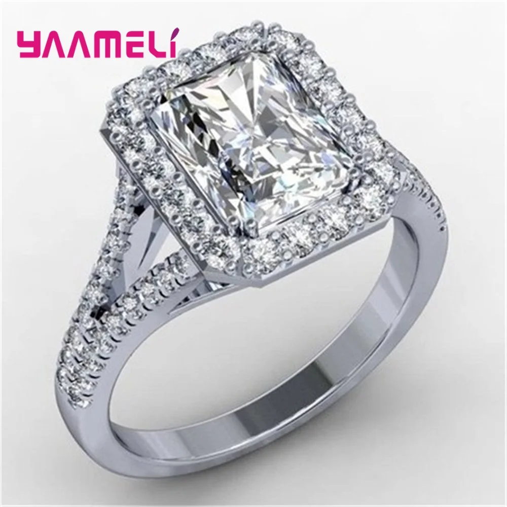 

Crystal Stone Trough Inlay Women's Ring Rectangle Flat Ring 925 Sterling Silver Accessories Wedding Jewelry