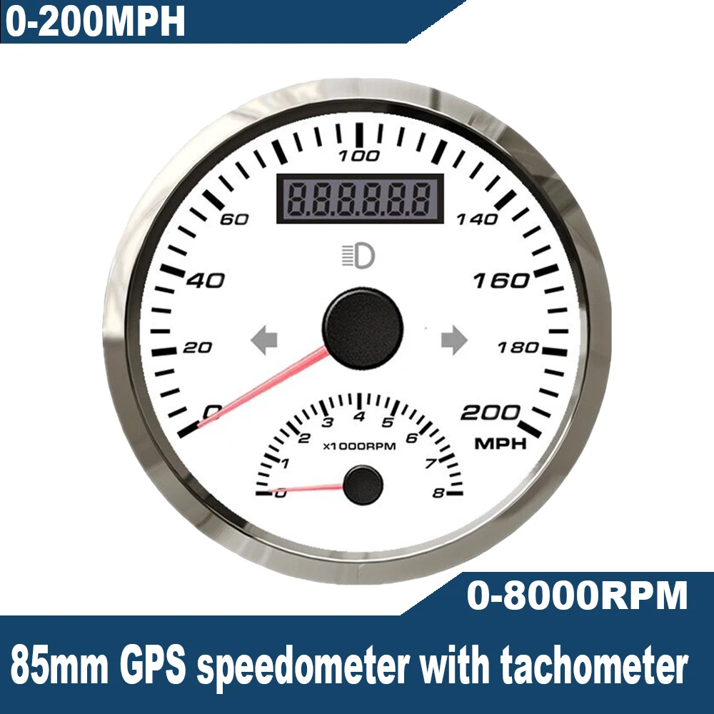 

Waterproof Miles 85mm 200MPH GPS Speedometer 8K Engine Tachometer 0-8000RPM Odometer GPS Antenna Mileage Amber Backlight 12V/24V