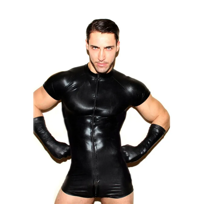 

Wet look latex Catsuit Faux Leather Mesh Jumpsuits Black Stretch PVC Bodysuits Sexy Clubwear Men Open Crotch Lingerie Body Suit