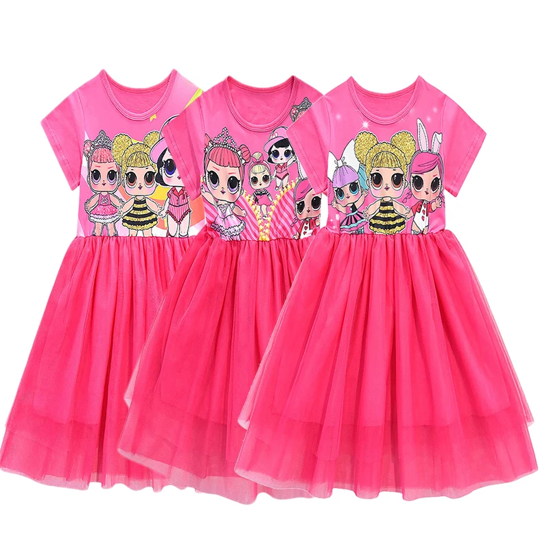 

2020 New Children Short-sleeved Mesh Gown Skirt Fashion Princess Gauze Pettiskirt LOL Dolls Complay Girls Party Dress 3~8 Years