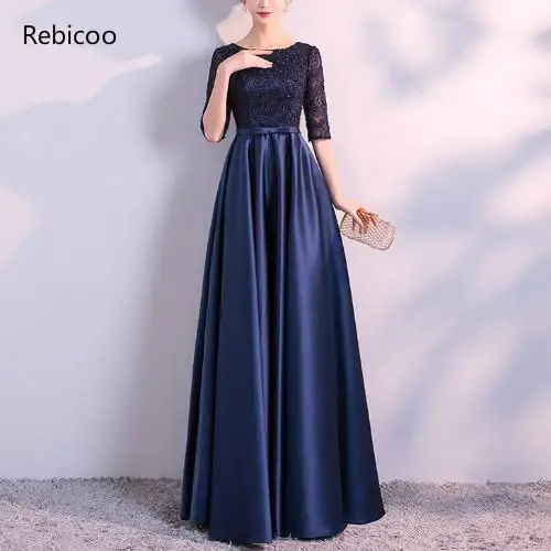 New  Long Formal Evening party Dresses Elegant Lace Satin Navy Blue Vestidos Women Party Gown