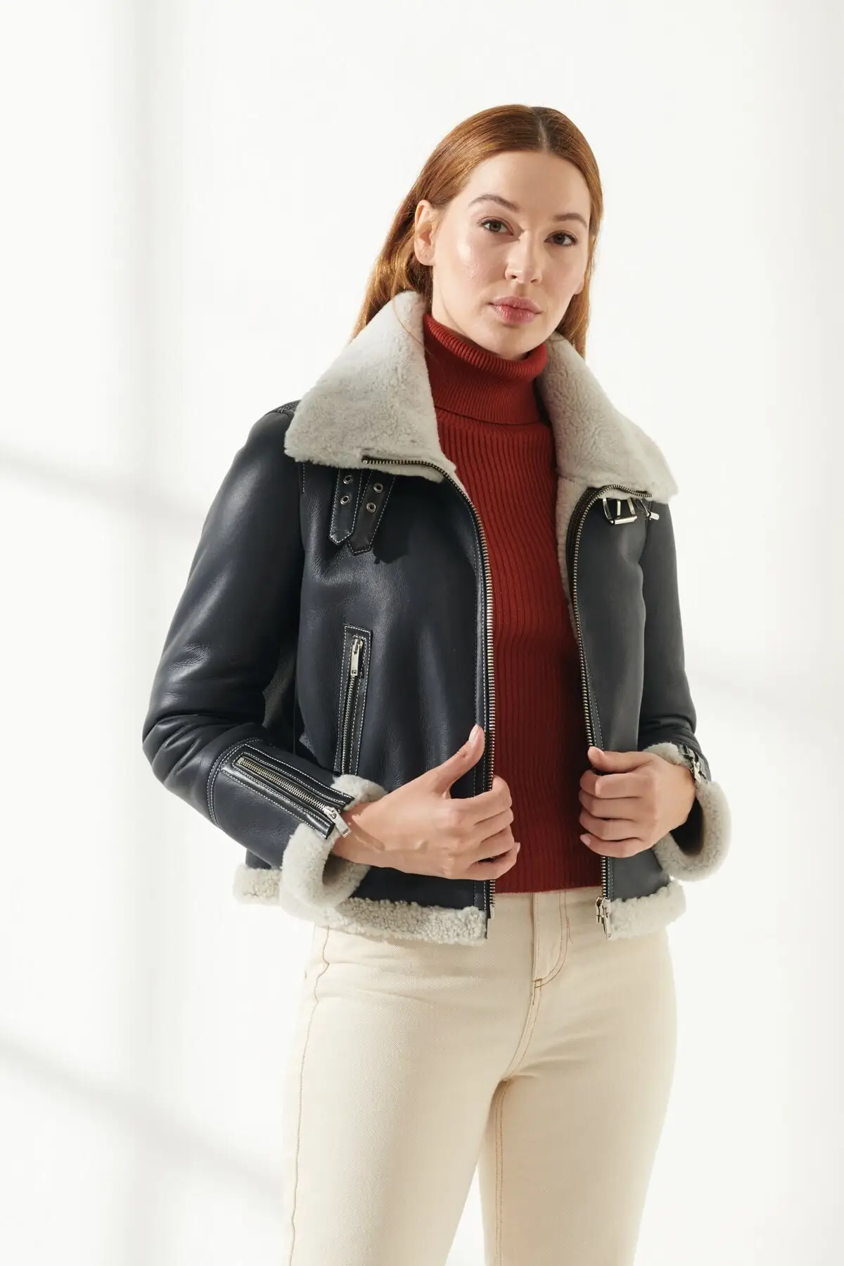 Women's Winter Furry Wool Sheep Skin Jacket Genuine Sheepskin Slim Fit Biker Fashion Coats Turkiyede Produced Fashion Elegant tasarım