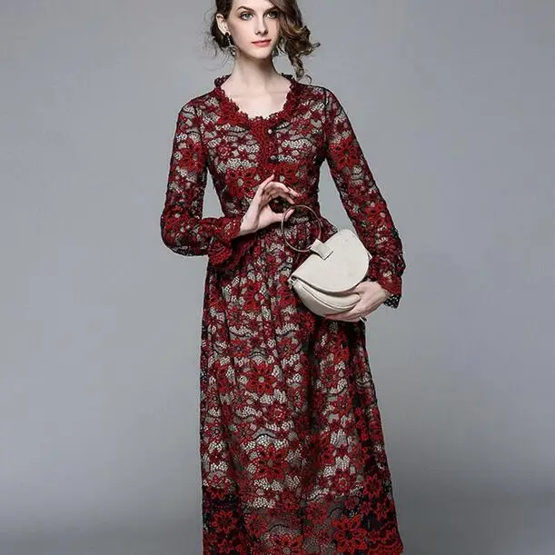 Женское кружевное платье на крючках с цветочным узором длинным рукавом Vestido