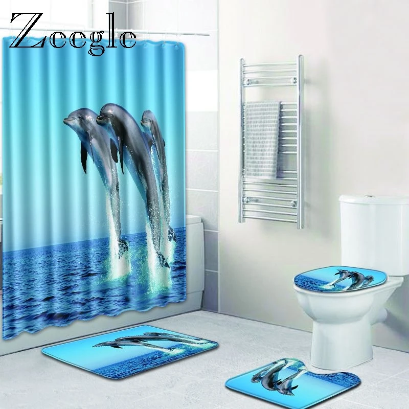 

Zeegle Dolphin Pattern Bath Mat for Bathroom with Shower Curtain 4PCS Toilet Lid Cover Bathroom Floor Mats Microfiber Toilet Rug